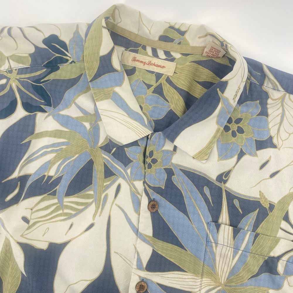 Tommy Bahama Silk Button Down Mens XXL Blue Green Tropical Floral Camp Shirt
